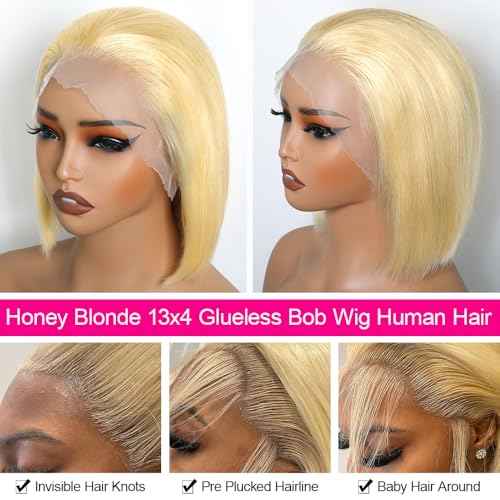 Honey Blonde 613 Bob Wig Human Hair 13x4 HD Lace Front Glueless Wigs Pre Plucked Pre Cut 100% Unprocessed Brazilian Raw Blonde Human Hair Wigs for Black Women - 12 Inch Blonde Bob Wig