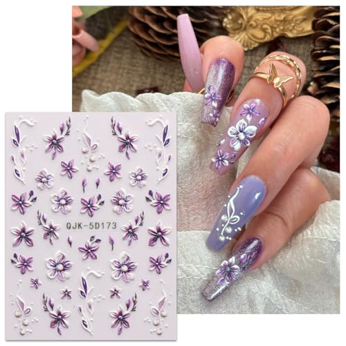 JMEOWIO 3D Embossed Flower Nail Art Stickers Decals Self-Adhesive 5D Spring Summer Floral Nail Supplies Nail Art Design Decoration Accessories 4 Sheets
