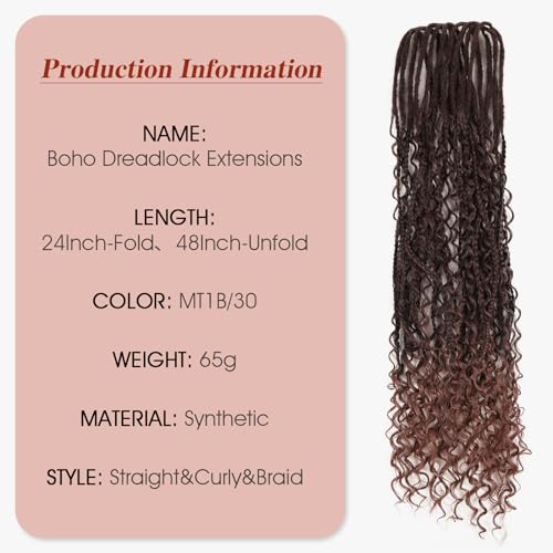 HANNE Double Ended Dreadlock Extensions Soft Boho Box Braids 24 Inch Crochet Synthetic Dreadlock Extensions with Curly End Dreads Extensions for Women Brown to Honey Brown (10 Strands/Pack MT1/30)