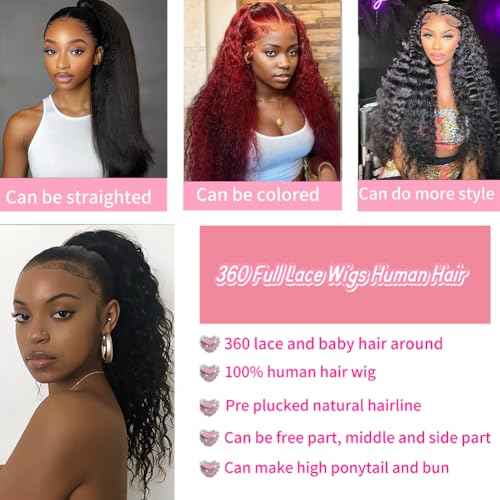 360 Full Lace Human Hair Wig Hidden Strap Deep Wave HD Lace Front GluelessWigs with Drawstring Natural Hairline Curly Human Hair Frontal Wigs for Black Women Natural Color 18 Inch