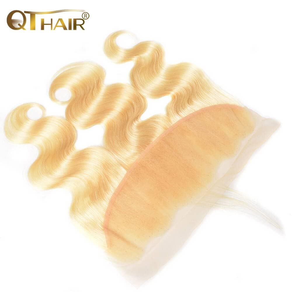 QTHAIR 14A #613 Honey Blonde Body Wave 13x4 Lace Transparent Lace Frontal Brazilian Body Wave Human Hair 12 inch Pre-plucked 100% Human Hair for Black Women