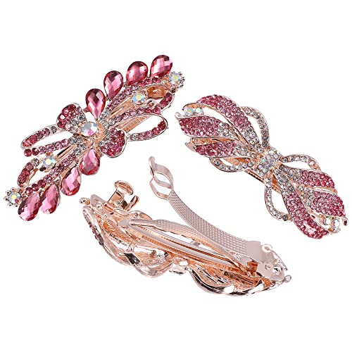 VOCOSTE 3 Pcs Hair Barrettes, Hair Accessories for Women, Sparkly Glitter, Rhinestones Hair Clips, Pink