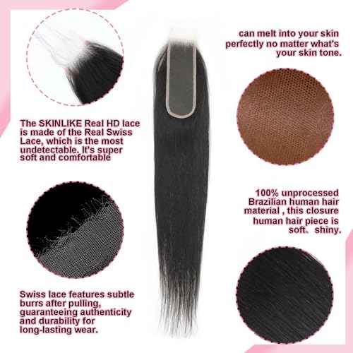 2x6 Skinlike Real HD Lace Closure Straight Human Hair Closure Invisible Ultra-thin 2x6 Kim K Lace Closure Brazilian Virgin Human Hair Pre Plucked Natural Black 20 Inch