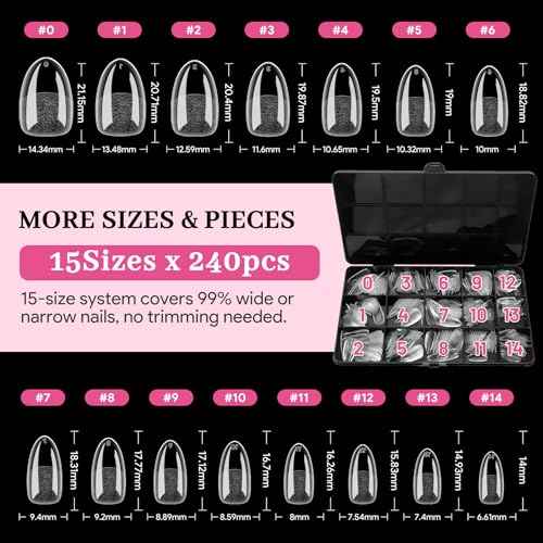 Short Almond Pre-Building Nail Tips, 15 Sizes 240 PCS Pre-shaped Apex Clear Soft Press On Fake Nail Half Matte Gel Nail Extensions Strong Thick Acrylic Tip for DIY Beginners & Salon Manicure