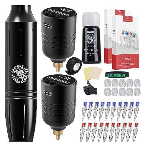 Dragonhawk Wireless Tattoo Kit 2 Batteries Tattoo Gun Kit Beginner Complete Tattoo Machine Pen Kit Pro Coreless Motor