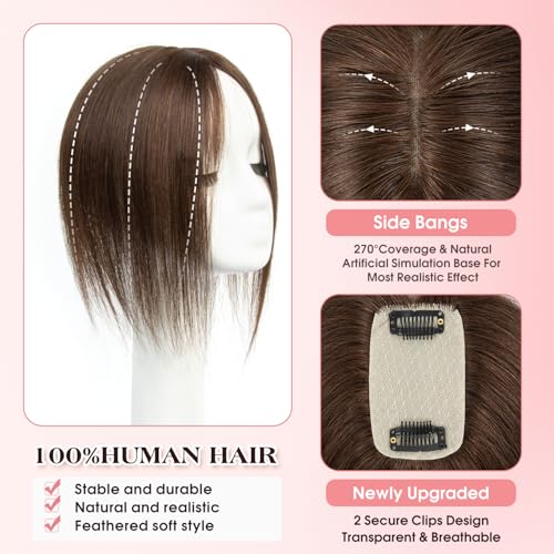 isheeny Human Hair Topper for Women 10Inch Real Human Hair Toppers For Changing Your Look, Dark Brown #2 Natural Hair Pieces for Women With Artificial Base & 2 Secure Clips
