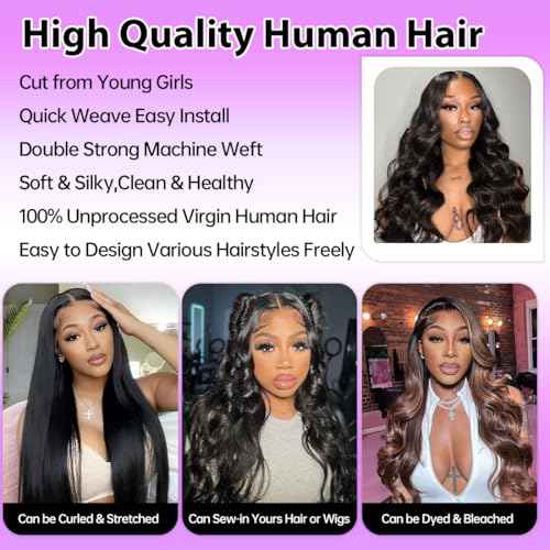 Human Hair Bundles Body Wave 12A Unprocessed Brazilian Virgin Weave 3 Bundles 18 20 22 Inch Real Human Hair Quick Weave Sew in Hair Double Weft Full and Thick Natural Black Wavy Hair for Women