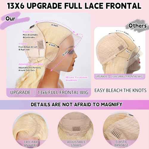 613 13x6 Lace Front Wig Human Hair 200 Density 30 Inch Body Wave Blonde Wig Human Hair 13x6 613 HD Lace Front Wig Virgin Human Hair Pre Plucked Natural Hairline Tiny Knots Tangle Free Shedding Free