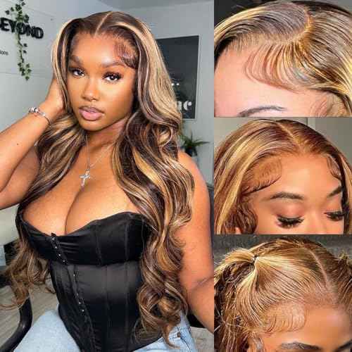 Ombre Lace Front Wig - Human Hair, 13x4 Body Wave, 4/27 Highlight, Honey Blonde, 180% Density (22 inch)