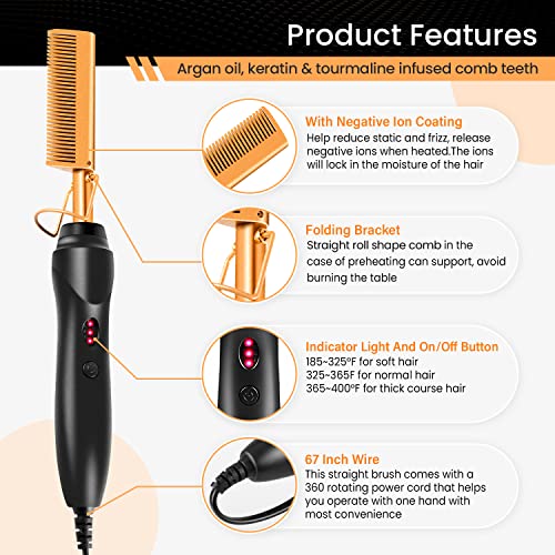 Hot Comb Set 7Pcs, Electric Hair Straightener Pressing Comb for Black Hair, Hot Comb Set with Wig Wax Stick, Lace Band, Rat Tail Comb £¦Salon Clips