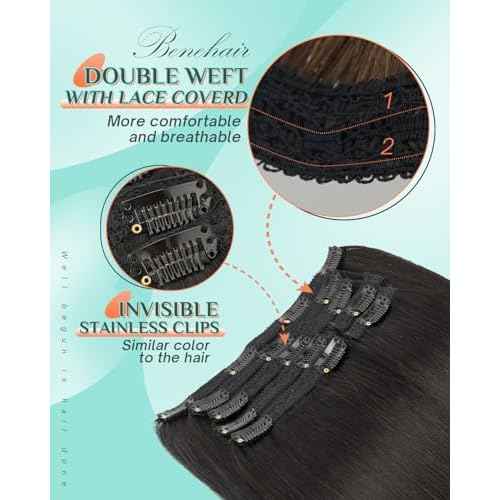 Benehair Clip in Hair Extensions Real Human Hair 22inch Double Weft Natural Black Hair Extensions Clip in Human Hair Invisible Lace Weft Straight Hair Extensions Clip ins 7pcs with 16 Clips 130g #1B