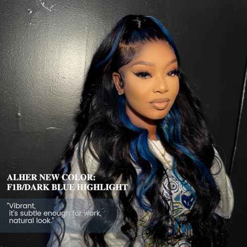 ALHER Black Mix Blue Body Wave 4x4 Lace Closure, 12A #1B/BlueColored Closure Free Part Pre Plucked with Baby Hair, 100% Virgin Remy Human Hair for Black Women 150% Density 12 Inch