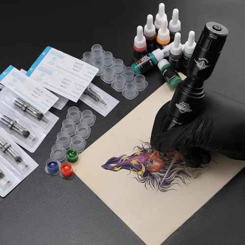 Tattoo Gun Kit for Beginners Complete Set, Rotary Wireless Tattoo Pen Kit, Complete Tattoo Supplies Set for Beginners, with 1300 mAH Power Supply, 10Pcs Catridges Needles (Battery-I-45Pcs)