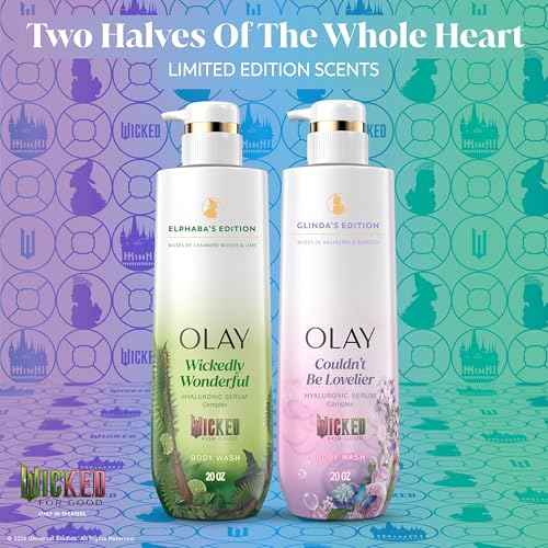 Olay Body Wash for Women, Wickedly Wonderful Elphaba¡¯s Edition, Intensely Hydrating & Renewing, Pro-Hyaluronic Acid Serum with Vitamin B3, For All Skin Types, Cashmere Woods & Lime Scent, 20 fl oz