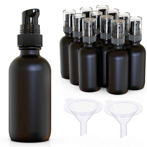 Jagolain 12Pack 2oz Black Glass Pump Bottles, 60ml with Black Pump, Empty Refillable Travel Small Container For Lotion Cream Essentil Oil Shampoo (60mlpumpBLK)