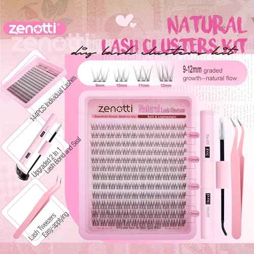 Natural Lash Clusters Kit Wispy Eyelash Clusters Kit Natural Lash Extension Kit C-Curly Individual Lashes Short Eyelash Extensions with Lash Bond and Seal and Eyelash Tweezers 9-12MM 144PCS by zenotti