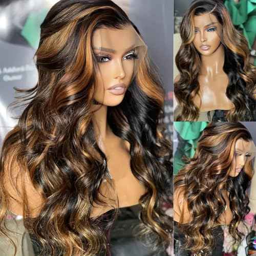 CITY GIRL 30 Inch Body Wave Lace Front Wigs Human Hair 1B/30 Highlight Ombre Lace Front Wig 13x4 Lace Frontal Black with Brown Highlight Balayage Wig Human Hair 200 Density