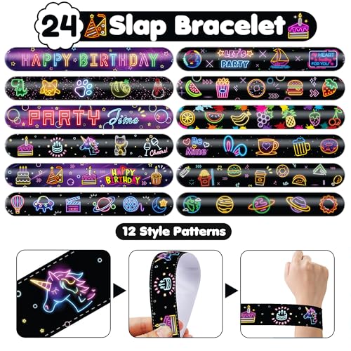 72 PCS Neon Party Set - 48 Neon Temporary Tattoos, 24 Slap Bracelets Wristbands - Fun Glow Party Supplies for Birthday, Baby Shower, Classroom Rewards, Decorations & Gifts for Kids