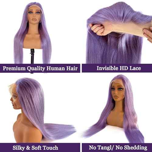 Ubetta Lilac Purple Wig Human Hair, 13x6 Lace Front Wigs Human Hair Glueless Purple Wigs Pre Plucked 22 Inch Lace Front Wigs for White Women 180% Density HD Straight Lace Frontal Wig Colored Lavender