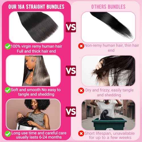 Beauty Queen Brazilian Human Hair Bundles Straight (18 18 18 Inch) 16A Grade 100% Unprocessed Virgin Weave 3 Bundles Straight Thick Remy Hair Extensions for Women Natural Color