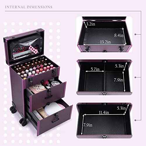 FRENESSA Rolling Nail Case Wheeled Manicure Storage Case Polish Organizer Professional Makeup Trolley for Studio or Travelling Nail Technician Artists Cosmetologist Stylist - Vegan Leather
