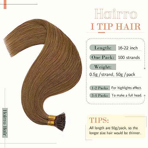 Hairro I Tip Hair Extension For Women Pre Bonded Cold Fusion Human Hairpiece Keratin Stick Tipped Hair Pieces Silky Straight Microlink Itip Hair Extensions 22" 100 Strands 50g #06 Light Brown