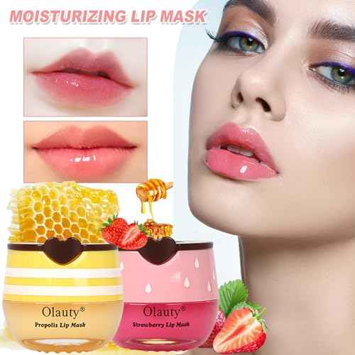 3 PCS Bee Lip Mask Honey Pot Lip Balm,Strawberry Watermelon Lip Mask Overnight Hydrating Dry and Crack Lip Scrubs Exfoliator Propolis Lip Sleeping Mask (Strawberry & Watermelon & Honey)