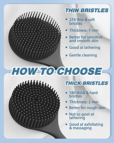 Manmihealth Silicone Back Scrubber for Shower(Thick Bristles), Body Scrubber with 15'' Long Handle, Light & Easy-to-Hold Shower Brush for Skin Exfoliating and Massaging, Not Good in Lathering.(Black)