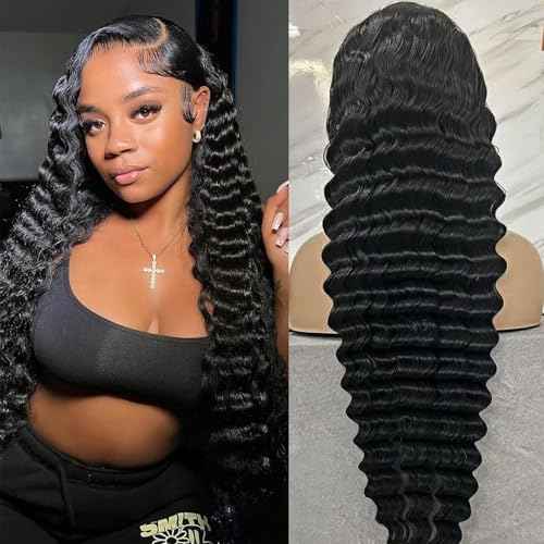 Deep Wave Lace Front Wigs Human Hair 13x6, Real Remy Virgin Human Hair Wig for Black Women, 180 Density, Daily Wear Suitable Pre Plucked with Baby Hair, Natural Color, 24 inch