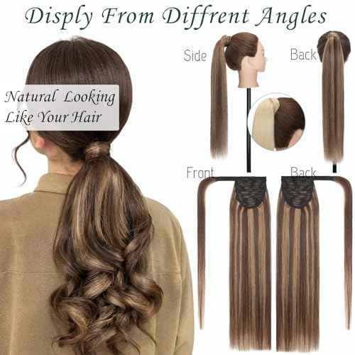 S-noilite Wrap Around Ponytail Extension Human Hair #4P27 Medium Brown Mix Dark Blonde Ponytail Extensions Real Remy Hair 22inch Long Straight Clip in Human Hair Ponytail 95Grams