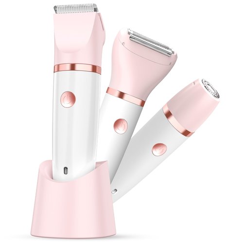 Bikini Trimmer for Women, Painless Electric Razor Shaver Women - Rechargeable Body Hair Trimmer, 3-In-1 Detachable Removal Kit with Ceramic Blade, Cordless Lady Shaver for Trip, IPX7 Waterproof, Peach