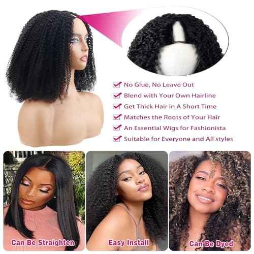 Afro Kinky Curly V Part Wigs With Drawstring For Black Women,200% Density Kinky Curly V Part Human Hair Wigs,Upgrade No Sew In & Glueless Design,Beginner Friendly,Natural Black Color(20inch)