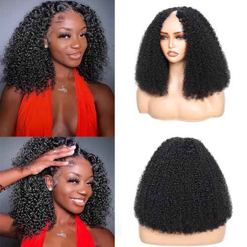V Part Wig Human Hair Kinky Curly Natural Black 16 Inch | Curly Human Hair Wig Upgrade U Part Human Hair Wigs for Black Women Glueless Wig Wear and Go 180 Density