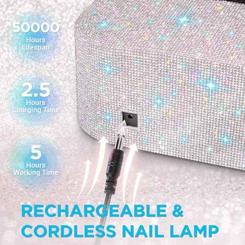 Aedavey Cordless UV Nail Lamp, Rechargeable UV Light for Gel Nails, LED Nail Lamp with 4 Timer Modes, Gel Nail UV Light Decorate with Sparkling Nail Rhinestones (Sparkly White)