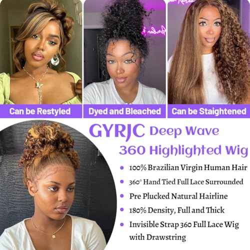 Hidden Strap Deep Wave 360 Lace Front Wigs Human Hair 22 Inch Ombre Honey Blonde HD Full Lace Frontal Wigs Human Hair for Women with Drawstring 360 Glueless Wigs Pre Plucked Highlighted Wig