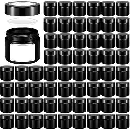 Layhit 60 Pcs 2 oz Glass Jars with Lids Bulk, Small Jars Containers Travel Storage Jar with Inner Liners Labels for Candle Scrubs, Lotions, Cream, Lip Balm (Black,Black Lid)