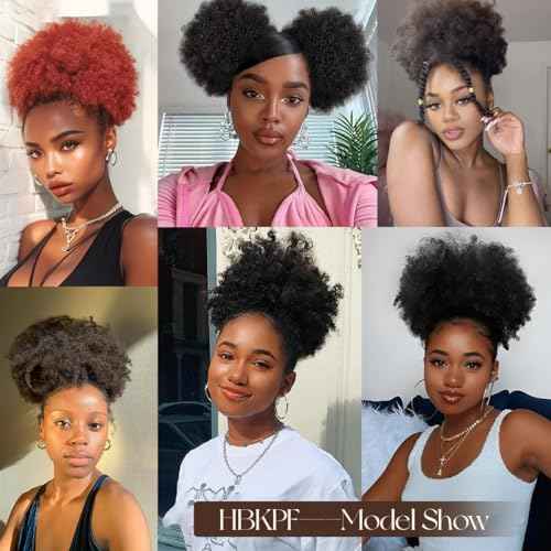 Afro Puff Drawstring Ponytail for Black Women #1B Natural Black Brazilian Virgin Human Hair 6 Inch Durable Natural Soft and Smooth Kinky Curly Short Ponytail for Natural Hair