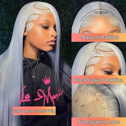 13X6 Silver Grey Lace Front Wigs Human Hair Straight Hd Transparent Gray Lace Front Wig Human Hair Wear and Go Glueless Grey Wigs Human Hair Pre Plucked 24 Inch Grey hd Frontal Wig for Black Women