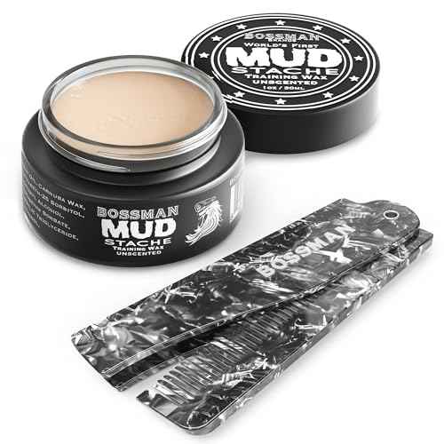 Bossman MUDstache Mustache Wax for Men + Acetate Folding Mustache & Beard Comb ? Unscented Styling and Grooming Kit