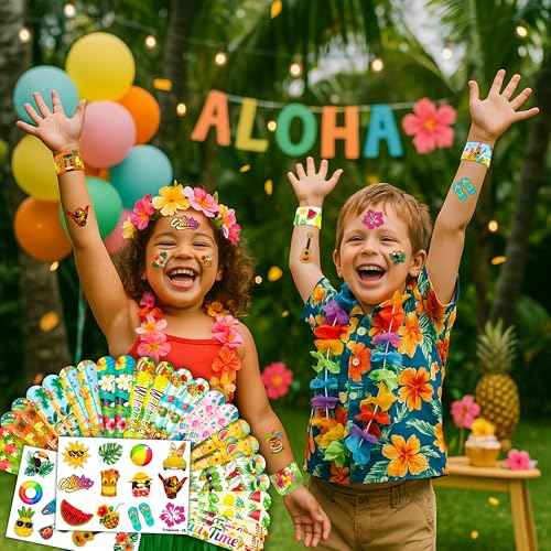 48PCS Hawaiian Party Set - 24PCS Temporary Tattoos & 24PCS Slap Bracelets - Summer-Themed Birthday Supplies, Baby Shower Gifts, Classroom Rewards & Party Decor for Kids (Boys & Girls)