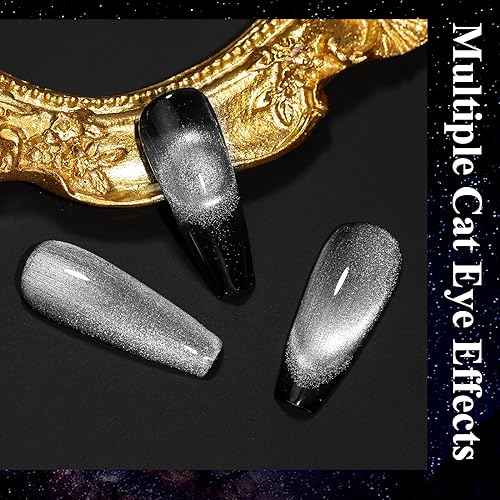 MIZHSE 9D Cat Eye Gel Nail Polish, Silver Magnetic Gel Polish with Magnet Stick, Magic Shimmer Galaxy Effect Holographic Glitter Silky Cat Eye Nail Polish Soak Off Nail Art Salon Manicure DIY at Home
