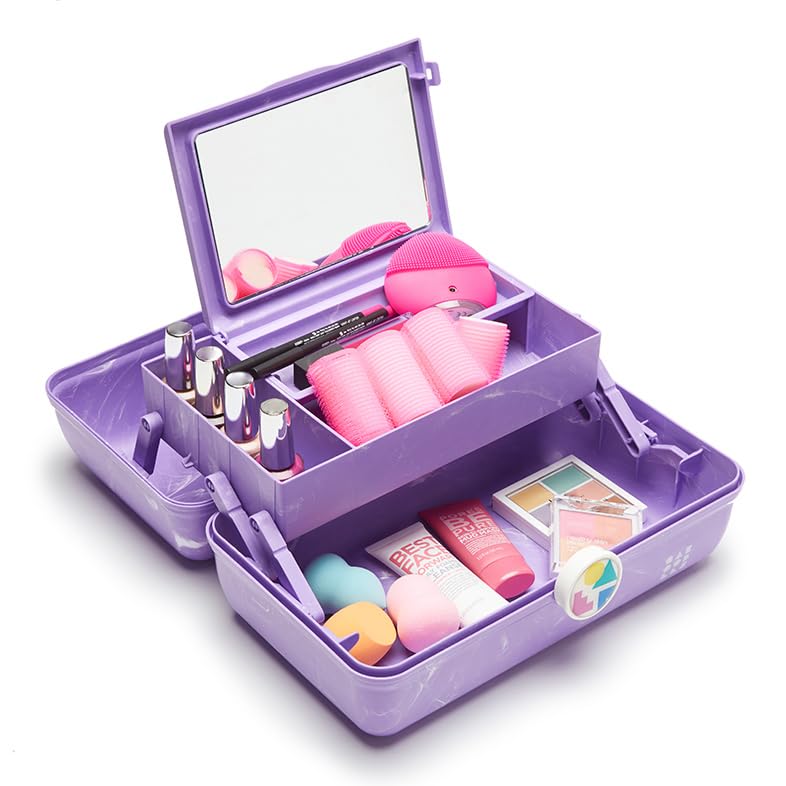 Caboodles On-The-Go Girl Makeup Box, Lavender Marble, Hard Plastic Makeup Organizer Box, Built-In Mirror, Secure Latch for Safe Travel, Spacious Storage for Large Items