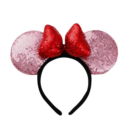 YOVECATHOU Mouse Deluxe Ear Bow Headbands Sequins Hairbands Women Hair Accessories For Cosplay Costume Party (Pink Red)