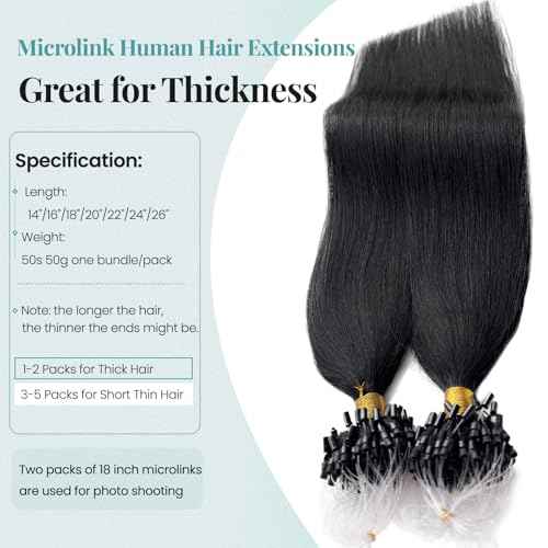 Microlink Hair Extensions Human Hair Jet Black Micro Beads Extensions for Black Women 26 Inch Long Soft Real Human Hair Straight Natural Color Micro Ring Extension Bundle No Weft No Glue 50s 50g