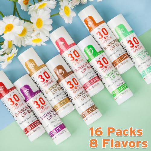 SPF 30 Lip Balm with Sunscreen, SPF Lip Balm Bulk Travel Size-16 Pack, Hydrating Lip Balm Pack with Vitamin E and Coconut Oil- 8 Flavors