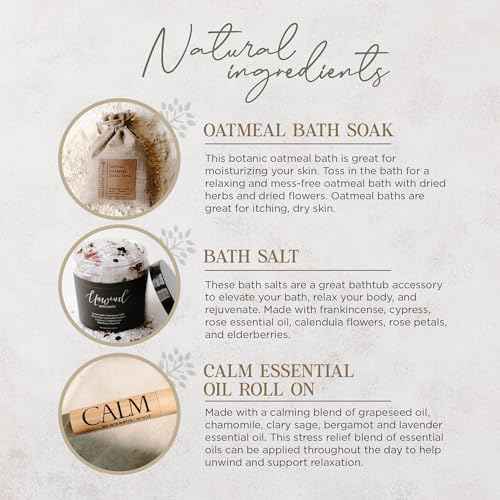 Soulistic Root Relaxing Bath Gift Set, Luxury Spa Gifts for Women, Self Care Products for Women and Men, Calm Essential Oil Roller, Oatmeal Lavender Bath Soak & Epsom Salts with Essential Oils