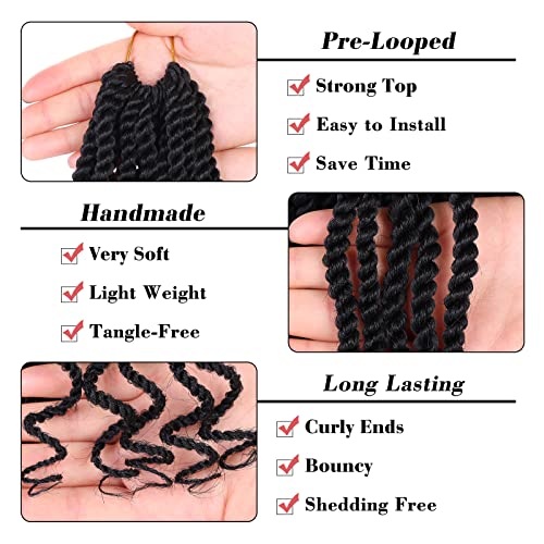 Leeven 6 Inch Senegalese Twist Crochet Hair with Curly Ends, 8 Packs Black Pre Looped 2 Strand Short Twist Hair, Wavy Small Hanava Twist, Synthetic Crochet Braids for Women Girl Kids