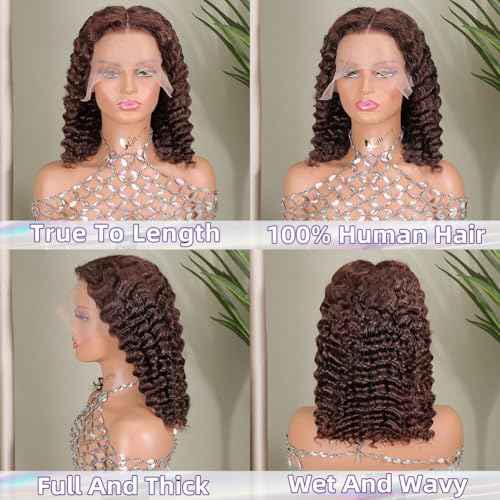 Curly Bob Wig Human Hair Deep Wave 13x6 HD Lace Front Wigs For Black Women Human Hair Pre Plucked Wear And Go Glueless Short Wet And Wavy Chocolate Brown #4 14 Inch