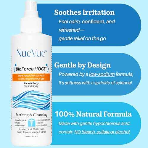 BioForce HOCl - Pure Hypochlorous Acid Spray for Face & Body - Acne-Prone Skin & Eczema, Piercing aftercare, Made in Canada, Gentle Skin Cleanser & Toner, pH Balanced, Non-comedogenic - NueVue (8.2oz)