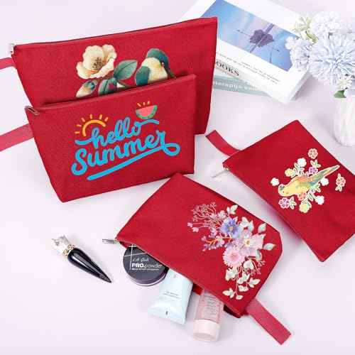 10 Pieces Cotton Canvas Makeup Bag with Bottom and Strap, Multi-Purpose Cosmetic Bag with Zipper Travel Toiletry Pouch, Blank DIY Craft Bag (Red, XS)